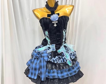 Harajuku Mine‑Kei Set | Black Velvet Strapless Corset Top + Blue Plaid Leopard Ruffled Mini Skirt Sweet Punk Y2K Goth Custom Outfit