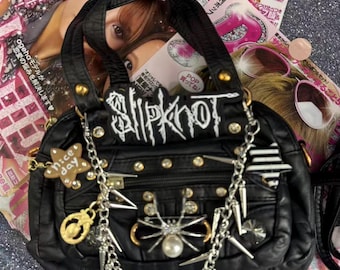 Black Faux Leather Mini Handbag, Slipknot Patch Spike Spider Chain Punk Gothic Shoulder Purse, Alt Harajuku Bag, Gift For Her