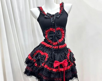 Black Red Heart 2 Piece Lolita Outfit, Sweet Spaghetti Strap Corset Top + Tiered Ruffle Mini Skirt, Harajuku Cosplay Set, Gift for her