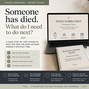 Può includere: Un prodotto in download digitale intitolato Someone has died. What do I need to do next? con un portatile che mostra un centro di comando, una guida pratica rilegata a spirale e documenti stampabili con liste di controllo e modelli.