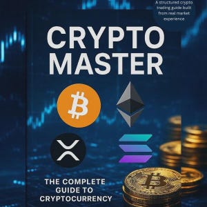 Könnte beinhalten: Ein Buch mit dem Titel CRYPTO MASTER THE COMPLETE GUIDE TO CRYPTOCURRENCY und dem Untertitel A structured crypto trading guide built from real market experience. Das Cover zeigt Bitcoin-, Ethereum-, Ripple- und Solana-Logos auf blauem Grund.