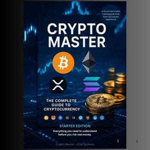 May include: A book titled Crypto Master: The Complete Guide to Cryptocurrency, Starter Edition. The cover features a dark blue background with a digital market chart, gold coins, and icons for Bitcoin, Ethereum, Ripple, and Solana. Text includes: A structured crypto trading guide built from real market experience. Everything you need to understand before you risk real money. Crypto Master - Flux Systems.