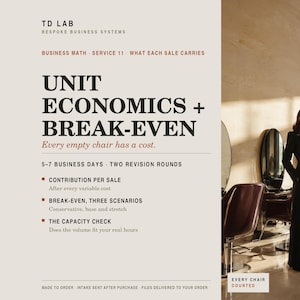 以下が含まれることがあります： ビジネスサービス広告。テキストはTD LAB BESPOKE BUSINESS SYSTEMS, UNIT ECONOMICS + BREAK-EVEN, Every empty chair has a cost, 5-7 BUSINESS DAYS, TWO REVISION ROUNDS, CONTRIBUTION PER SALE, BREAK-EVEN, THREE SCENARIOS, THE CAPACITY CHECK.