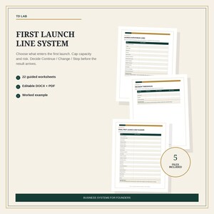 Może przedstawiać: Cyfrowy zestaw do planowania biznesowego zatytułowany First Launch Line System od TD Lab. Zawiera 22 arkusze robocze, edytowalne pliki DOCX i PDF oraz przykład. Strony dokumentu zawierają tabele dotyczące hipotez i planowania biznesowego.