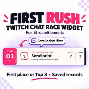 May include: A digital Twitch chat race widget titled FIRST RUSH for StreamElements. It displays a user named SoraSprint in first place with a streak of 3 and 7 firsts. The interface includes a chat bubble with the command !first and text.