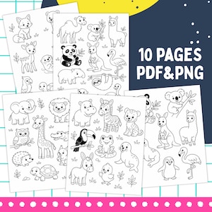 以下が含まれることがあります： PDFおよびPNG形式の白黒動物塗り絵シート10ページセット。パンダ、キリン、ゾウ、ライオン、カンガルー、フラミンゴ、シマウマ、ナマケモノなど、さまざまな漫画スタイルの動物が描かれています。
