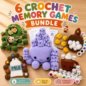 Puede incluir: Un conjunto de seis juegos de memoria de ganchillo que incluye una tortuga verde, un pulpo morado con pulpos pequeños, una gallina marrón con pollitos amarillos y huevos blancos, un cartón de leche con galletas y una taza marrón con malvaviscos.