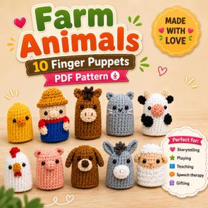 May include: A set of ten crocheted finger puppets featuring various farm animals and a farmer. The collection includes a yellow chick, a farmer in a blue outfit, a brown horse, a gray cat, a black and white cow, a white chicken, a pink pig, a brown dog, a gray donkey, and a white sheep.