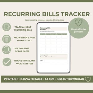 May include: A digital recurring bills tracker template featuring a table with columns for bill, frequency, amount, auto-pay, and due date. The layout includes sections for annual or irregular bills and notes, with icons for tracking, scheduling, and reminders.
