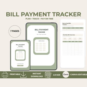 Puede incluir: Una plantilla digital de seguimiento de facturas de 7 páginas en tamaño A4. El diseño presenta acentos en verde salvia, fondos blancos y texto oscuro. Incluye secciones para facturas recurrentes y resúmenes mensuales, editable en Canva.