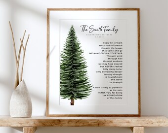 Gift for Parents 30th 40th 50th Wedding Anniversary Watercolor Pine Tree Family Name Art Print Poem, 8x10 or 11x14 in UNFRAMED