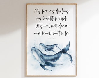 Whale Nursery Decor Art Print, Ocean, Sea, Coastal, Marine, Nautical Kids Room Poster, Parent Baby Watercolor 8x10, 11x14, 13x19 in UNFRAMED