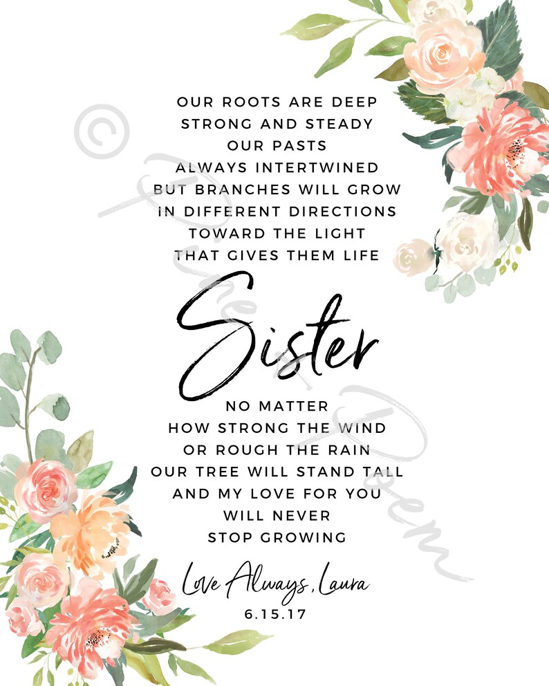 gift for sister birthday wedding watercolor flower tree poem etsy
