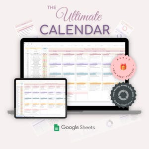 Kalender Kalkylblad Kalender Google Sheets Årlig och månadsvis Veckovis Daglig Organisatör Planerare, Produktivitetsmall + Gratis Vanespårare