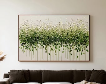 Quadro da parete 3D con foglie verde salvia testurizzate / Pittura botanica a impasto orizzontale / Decorazione Wabi Sabi scandinava per soggiorno e sala da pranzo