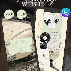 Puede incluir: Una plantilla de sitio web de bodas digital mostrada en dos pantallas de teléfono. El diseño presenta sobres de color verde salvia, un gráfico de disco de vinilo, fotos estilo polaroid y texto que incluye "Wedding Website" y "RSVP".