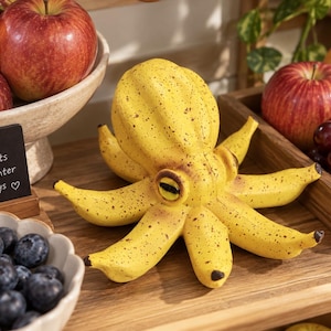 Puede incluir: Una escultura con forma de pulpo hecha de plátanos, con una superficie de cáscara texturizada y moteada, un cuerpo central y ocho brazos radiantes con forma de plátano. La criatura tiene ojos oscuros y puntas marrones en cada brazo.