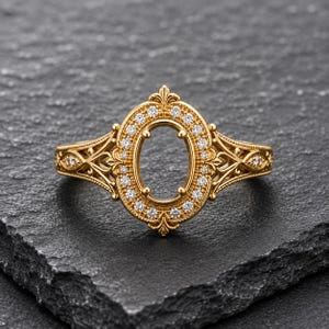 Puede incluir: Un anillo de oro con un engaste central ovalado vacío rodeado por un halo de pequeñas piedras blancas redondas. La banda y el engaste muestran un intrincado trabajo en metal con patrones de filigrana decorativos y piedras blancas adicionales.