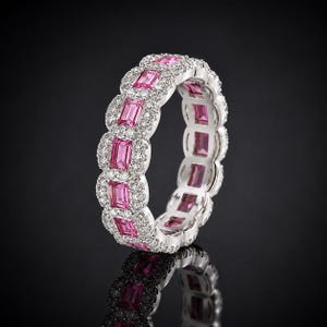 Ruby Ring, 925 Sterling Silver Rose Gold Plated Ring, Pink Ruby Eternity Band with CZ Accents, Elegant Gemstone Jewelry