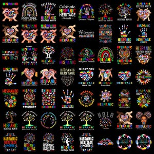 May include: A collection of graphic designs celebrating Hispanic Heritage Month on a black background. The images feature colorful illustrations of hands forming hearts, trees, rainbows, and sunflowers, all filled with various national flags.