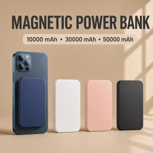 Puede incluir: Una batería externa magnética acoplada a un smartphone azul oscuro, junto a tres baterías independientes en blanco, rosa claro y negro. El texto indica MAGNETIC POWER BANK y 10000 mAh • 30000 mAh • 50000 mAh, mostrando las capacidades disponibles.