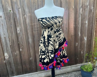 black tie dye dress, tie dye skirt, rainbow tassel, boho dress, festival dress, OOAK, upcycled, festival dress