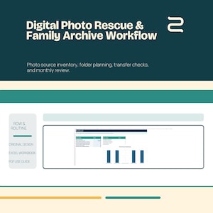 May include: A digital product graphic titled Digital Photo Rescue & Family Archive Workflow with text listing photo source inventory, folder planning, transfer checks, and monthly review. It features a dashboard preview with charts and a sidebar.