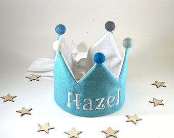 Personalized Linen Birthday Crown/Custom Name Crown /First Birthday Crown/Blue.