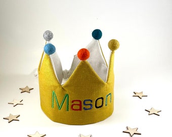 Personalized Linen Birthday Crown/Custom Name Crown /First Birthday Crown/Mustard.