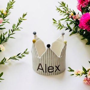 Custom Birthday Crown/Custom Name Crown /Linen Crown Baby/First Birthday Crown/Stripe.