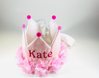 Pink Linen Crown Girls Name Crown Baby Princess Name Crown First Birthday Crown.