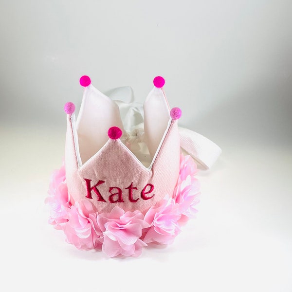 Pink Linen Crown Girls Name Crown Baby Princess Name Crown First Birthday Crown.