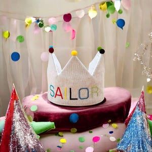 Linen Birthday Crown, Custom Baby Name Crown, First Birthday Crown, Toddler Birthday Crown.