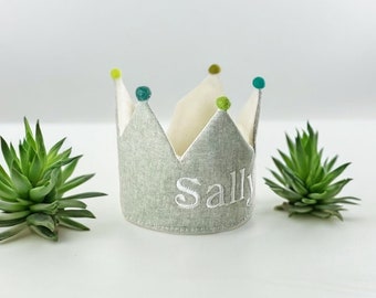 Green Linen Crown Personalized Crown Custom Name Crown Girls Birthday Crown.