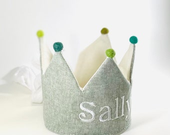 Green Linen Crown Personalized Crown Custom Name Crown Girls Birthday Crown.