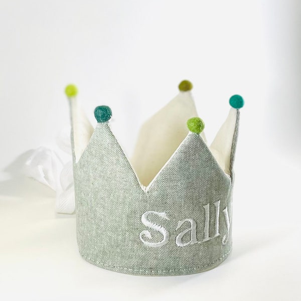 Green Linen Crown Personalized Crown Custom Name Crown Girls Birthday Crown.