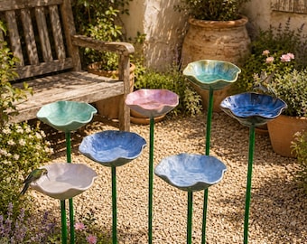 Personalized Ceramic Bird Bath Stake, Pollinator Water Station, Custom Garden Gift, Outdoor Yard Decor