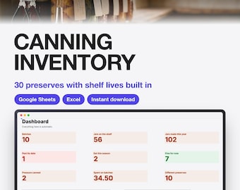 Canning Inventory Template for Google Sheets and Excel | Home Preserves Tracker with Shelf Life | Download
