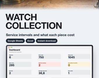Watch Collection Tracker Template for Google Sheets and Excel | Service Log and Value Inventory | Download