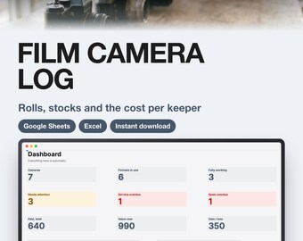 Film Camera Collection Tracker Template for Google Sheets and Excel | Gear Inventory and Value Log | Download