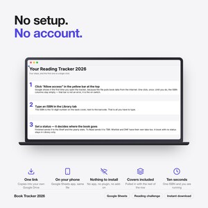 May include: A laptop screen displays a digital reading tracker titled Your Reading Tracker 2026 with instructions for use. Above the screen, the text reads No setup. No account. Below, icons and text highlight features like one link and no install.