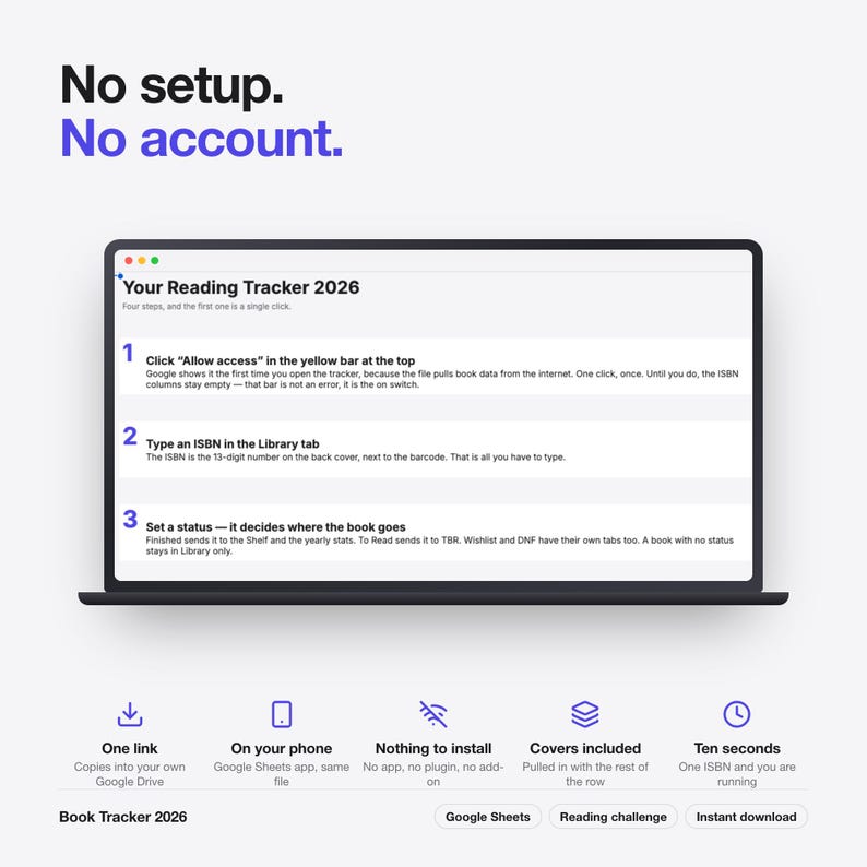 May include: A laptop screen displays a digital reading tracker titled Your Reading Tracker 2026 with instructions for use. Above the screen, the text reads No setup. No account. Below, icons and text highlight features like one link and no install.