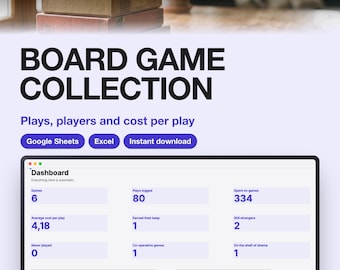 Board Game Collection Tracker Template for Google Sheets and Excel | Play Log and Cost Per Play | Download