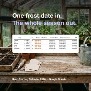 Aussaatkalender für Google Tabellen | Geben Sie das Datum des letzten Frosts ein und alle Aussaattermine werden automatisch ausgefüllt | Gemüsegartenplaner