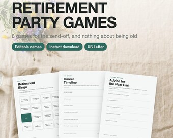 Retirement Party Games Printable | 8 Game Bundle with Editable Names | Bingo, Career Timeline, Advice Cards | Instant Download