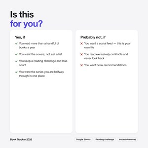 May include: A digital information graphic titled Is this for you? with two columns. The left column lists criteria for using a Book Tracker 2026 with green checkmarks. The right column lists criteria for not using it with red x marks. Bottom text includes Google Sheets.