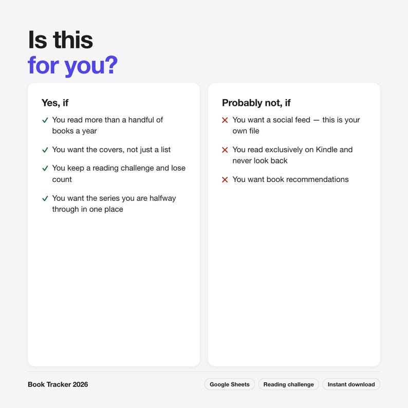 May include: A digital information graphic titled Is this for you? with two columns. The left column lists criteria for using a Book Tracker 2026 with green checkmarks. The right column lists criteria for not using it with red x marks. Bottom text includes Google Sheets.