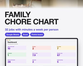 Chore Chart Template for Google Sheets and Excel | Family Cleaning Schedule with Points | Instant Download
