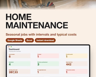 Home Maintenance Checklist Template for Google Sheets and Excel | Seasonal Schedule and Cost Log | Instant Download