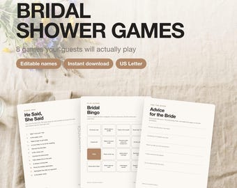 Bridal Shower Games Printable | 8 Game Bundle with Editable Bride Name and Date | He Said She Said, Bingo, Word Scramble | Instant Download